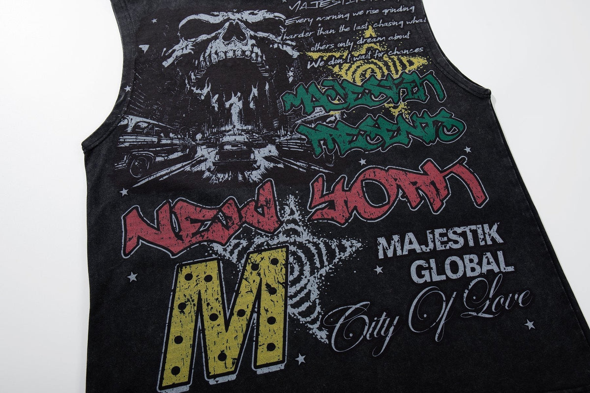 MAJESTIK New York Skull Graphic Sleeveless T-Shirt — detail